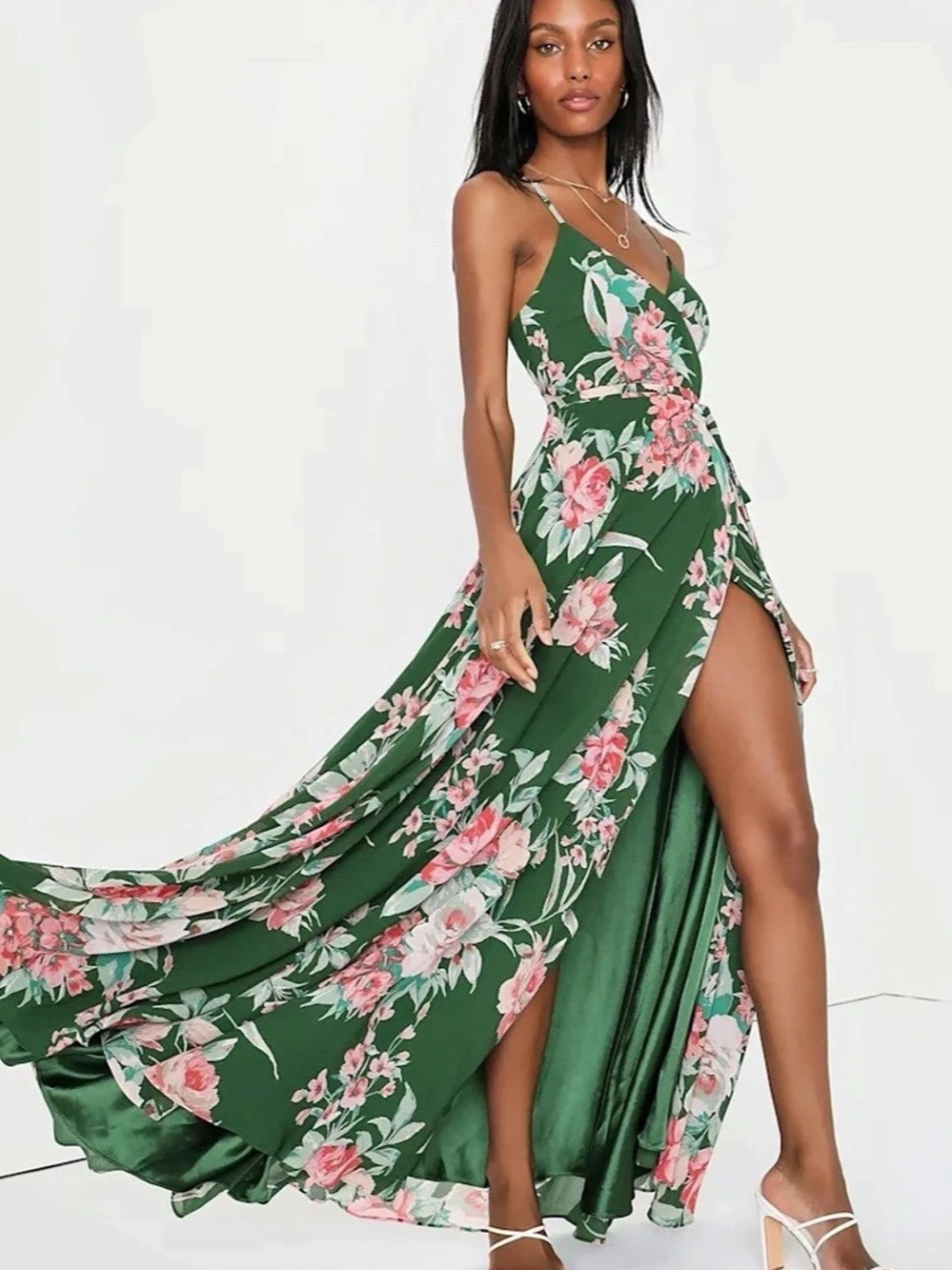 Lulus Floral Flirtation Dark Green Floral Print Wrap Maxi Dress Size Small